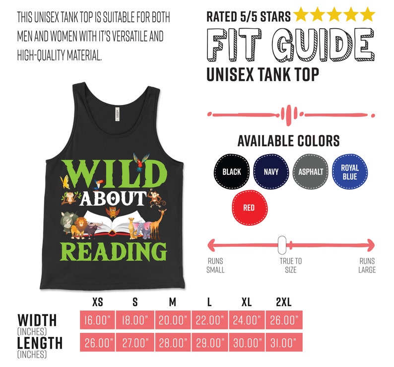 Puede incluir: Camiseta de tirantes negra con un gr&aacute;fico de animales leyendo un libro y el texto "Wild About Reading". La tabla de tallas muestra el ancho y la longitud en pulgadas para las tallas XS a 2XL.