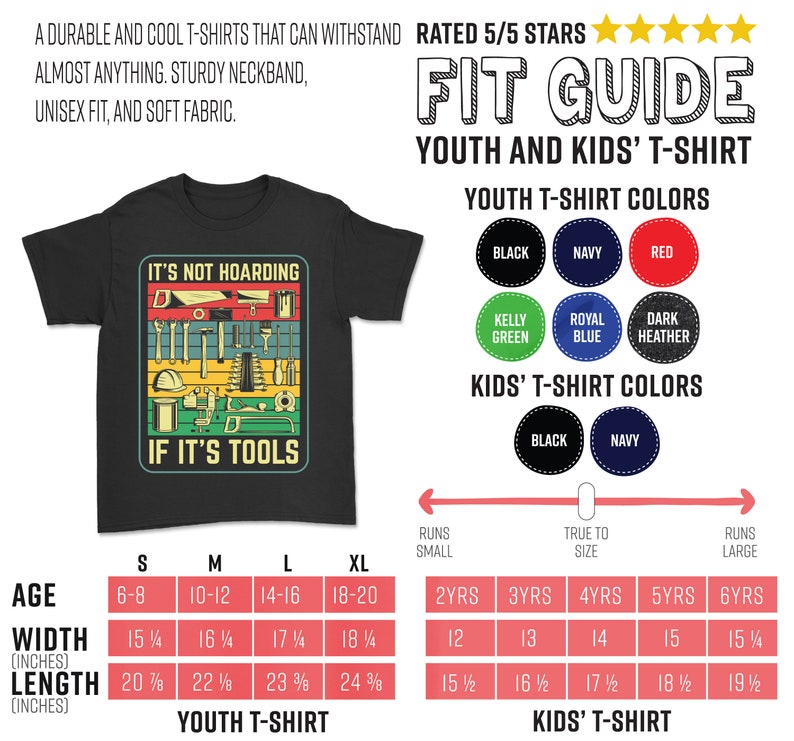 May include: A black t-shirt with a vintage-style graphic that says "It's not hoarding if it's tools". The graphic features a variety of tools, including a hammer, saw, wrench, and screwdriver. The t-shirt is available in sizes S-XL. A size chart is included with measurements in inches for youth and kids' sizes.