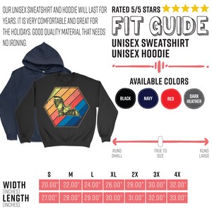 May include: A black unisex sweatshirt with a bat graphic inside a retro-style hexagon. The image also shows a navy blue hoodie. Available colors are black, navy, red, and dark heather. Size chart shows widths from 20.00" to 32.00" and lengths from 27.00" to 33.00".