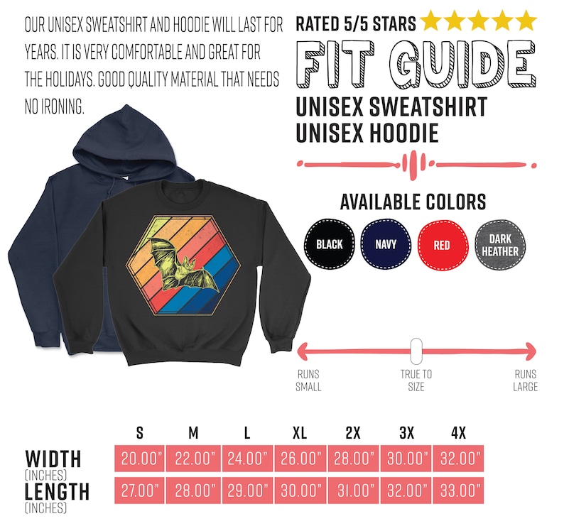May include: A black unisex sweatshirt with a bat graphic inside a retro-style hexagon. The image also shows a navy blue hoodie. Available colors are black, navy, red, and dark heather. Size chart shows widths from 20.00" to 32.00" and lengths from 27.00" to 33.00".