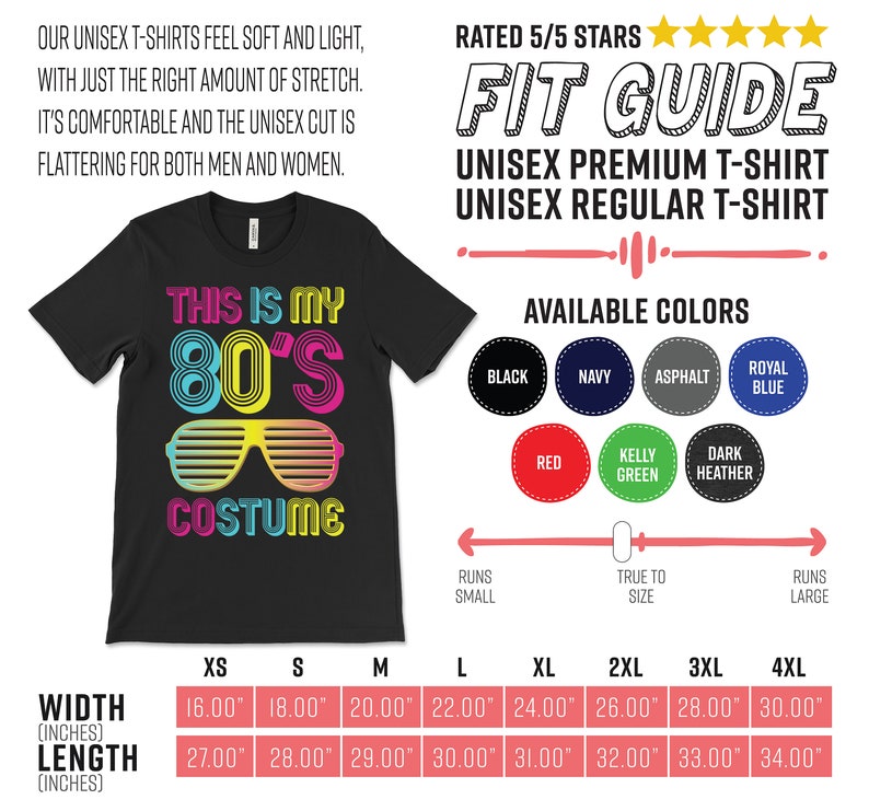 K&ouml;nnte beinhalten: Schwarzes Unisex-T-Shirt mit dem Text "This is my 80's Costume" in bunter Retro-Schrift. Das Shirt zeigt eine neonrosa und blaue Sonnenbrille. Eine Gr&ouml;&szlig;entabelle zeigt die Breite und L&auml;nge in Zoll f&uuml;r die Gr&ouml;&szlig;en XS bis 4XL.