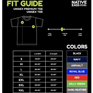 Puede incluir: Gr&aacute;fico negro con una gu&iacute;a de tallas para camisetas unisex premium. La gu&iacute;a incluye medidas en pulgadas para las tallas S a 4XL, junto con una tabla de colores con negro, azul marino, asfalto, azul real, rojo, verde Kelly y gris oscuro.