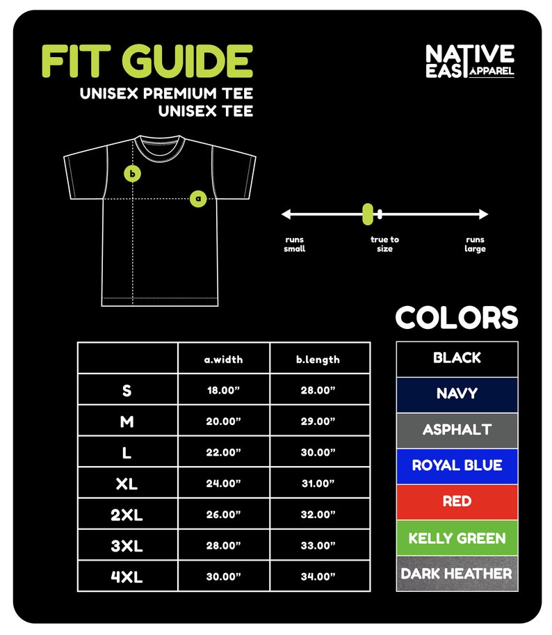 Puede incluir: Gr&aacute;fico negro con una gu&iacute;a de tallas para camisetas unisex premium. La gu&iacute;a incluye medidas en pulgadas para las tallas S a 4XL, junto con una tabla de colores con negro, azul marino, asfalto, azul real, rojo, verde Kelly y gris oscuro.