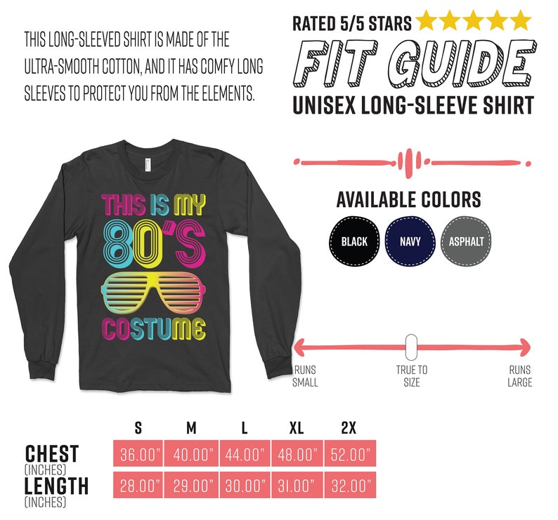 K&ouml;nnte beinhalten: Ein schwarzes Langarmshirt mit einer Grafik von Sonnenbrillen und dem Text "This is my 80's Costume". Das Shirt ist in Schwarz, Marine und Asphalt erh&auml;ltlich. Die Gr&ouml;&szlig;entabelle zeigt Brust- und L&auml;ngenma&szlig;e in Zoll.