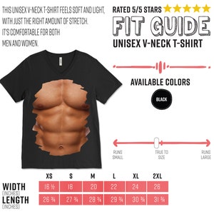 May include: Black unisex v-neck t-shirt with a muscle chest graphic. The size chart shows measurements in inches for width and length.