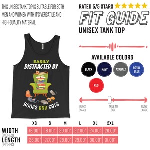 May include: Black tank top with the text "Easily Distracted by Books and Cats" and an illustration of a cat reading a book. The size chart shows measurements in inches for XS, S, M, L, XL, and 2XL.