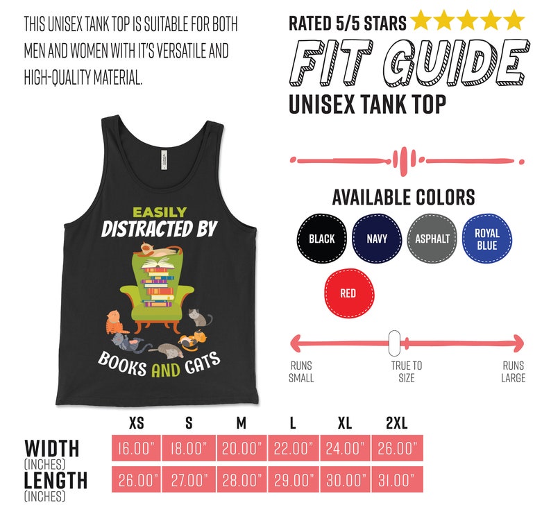May include: Black tank top with the text "Easily Distracted by Books and Cats" and an illustration of a cat reading a book. The size chart shows measurements in inches for XS, S, M, L, XL, and 2XL.