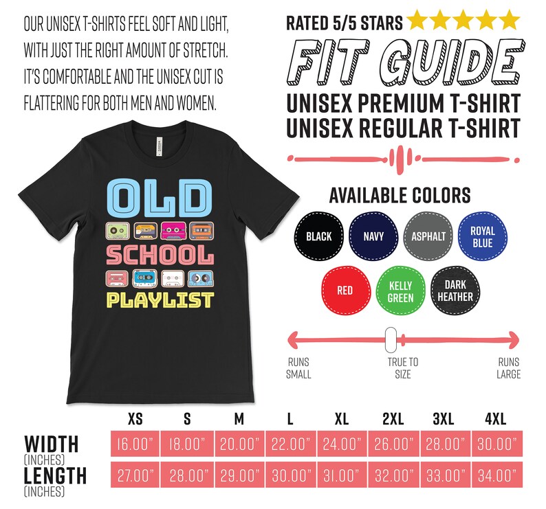 May include: Black unisex t-shirt with the text "OLD SCHOOL PLAYLIST" in a retro design. The design features colorful cassette tapes. Available in various colors and sizes, with measurements in inches.