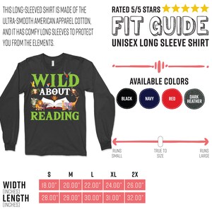 Puede incluir: Una camiseta de manga larga negra con el texto "Wild About Reading" y un gr&aacute;fico de animales y un libro. La camiseta est&aacute; disponible en tallas S, M, L, XL y 2X. La camiseta tiene una calificaci&oacute;n de 5 de 5 estrellas.