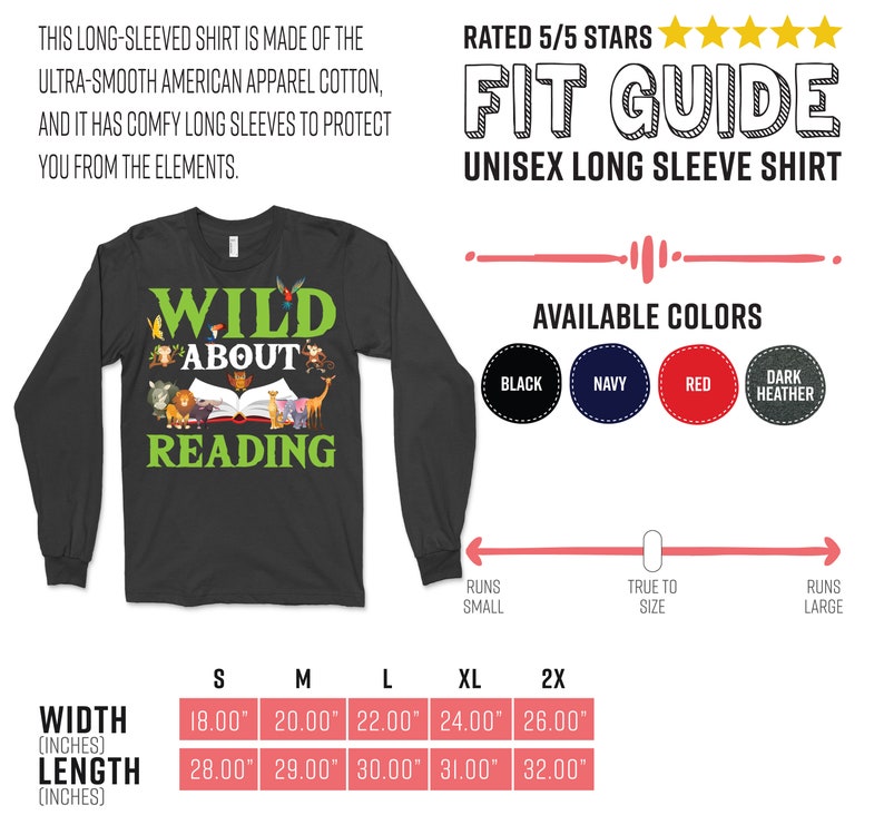 Puede incluir: Una camiseta de manga larga negra con el texto "Wild About Reading" y un gr&aacute;fico de animales y un libro. La camiseta est&aacute; disponible en tallas S, M, L, XL y 2X. La camiseta tiene una calificaci&oacute;n de 5 de 5 estrellas.