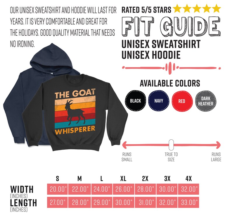 Puede incluir: Sudadera unisex negra con silueta de cabra y texto "THE GOAT WHISPERER" en dise&ntilde;o retro. Disponible en tallas S-4XL, con medidas de ancho de 50.8 cm a 81.3 cm y largo de 68.6 cm a 83.8 cm. Colores disponibles: negro, azul marino, rojo y gris oscuro.