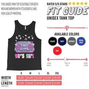 May include: Black unisex tank top with a colorful 90's girl boombox graphic. Available in black, navy, asphalt, royal blue, and red. Sizes range from S to 2XL, with widths from 18.00" to 26.00" and lengths from 27.00" to 31.00".