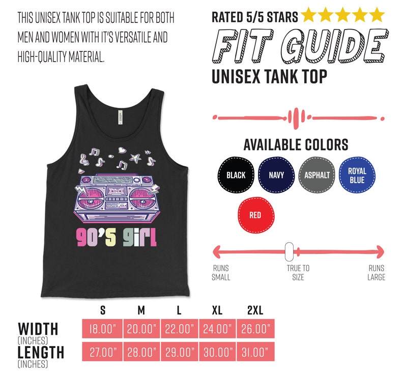 May include: Black unisex tank top with a colorful 90's girl boombox graphic. Available in black, navy, asphalt, royal blue, and red. Sizes range from S to 2XL, with widths from 18.00" to 26.00" and lengths from 27.00" to 31.00".