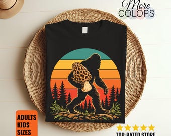 Bigfoot Mushroom Shirt, Sasquatch Morel Tee, Retro Sunset Forest Graphic, Funny Forager Gift, Cryptid Lover Outfit, Outdoor Hiking Adventure