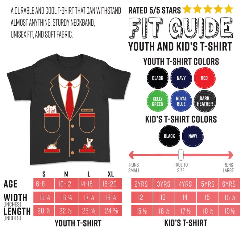K&ouml;nnte beinhalten: Schwarzes Kinder-T-Shirt mit einem Aufdruck, der einem Dirigentenanzug &auml;hnelt, komplett mit roter Krawatte und Taschendetails. Das Shirt enth&auml;lt eine Gr&ouml;&szlig;entabelle mit Ma&szlig;en in cm und Farbauswahl. Der Text auf dem Shirt lautet "Conductor".