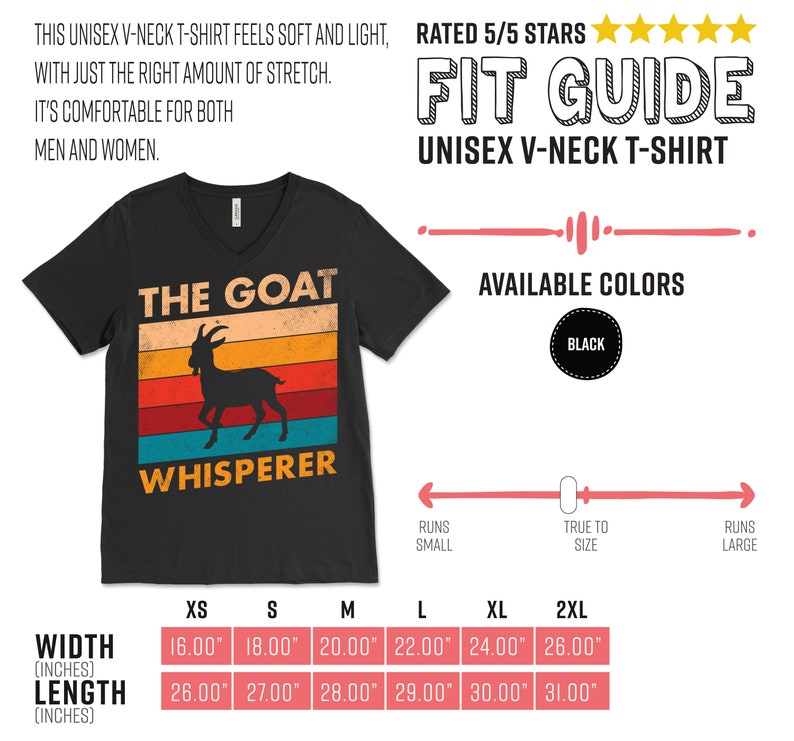 Puede incluir: Camiseta unisex negra con cuello en V y dise&ntilde;o retro. La camiseta presenta una silueta de cabra y el texto "THE GOAT WHISPERER" en naranja y blanco. El ancho de la camiseta var&iacute;a de 40,6 cm a 66,0 cm, y el largo de 66,0 cm a 78,7 cm.