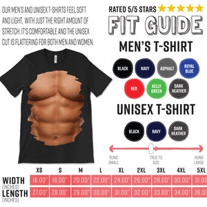 May include: A size chart for men's and unisex t-shirts. The chart shows the width and length measurements in inches for each size, from XS to 5XL. The chart also includes information about how the shirts fit, such as whether they run small, true to size, or large.