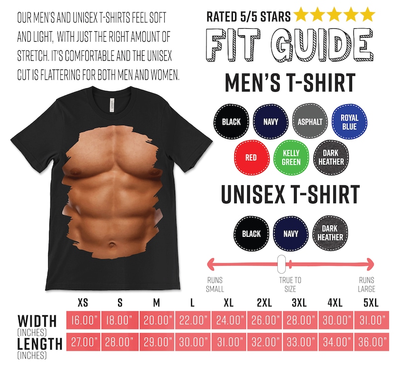 May include: A size chart for men's and unisex t-shirts. The chart shows the width and length measurements in inches for each size, from XS to 5XL. The chart also includes information about how the shirts fit, such as whether they run small, true to size, or large.