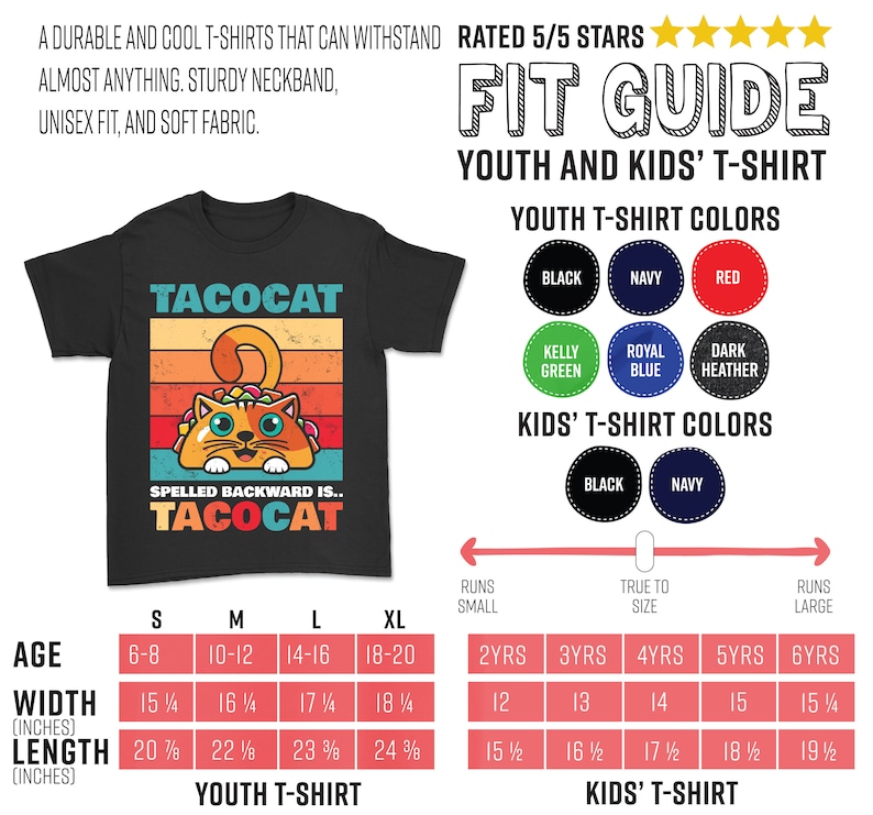 May include: A black t-shirt with a retro-style graphic of a cat eating a taco. The text "TACOCAT" is written in large letters above the cat, and the text "SPELLED BACKWARD IS... TACOCAT" is written below the cat. The t-shirt is available in sizes S, M, L, and XL. A size chart is included for youth and kids' t-shirts, showing the width and length in inches for each size.