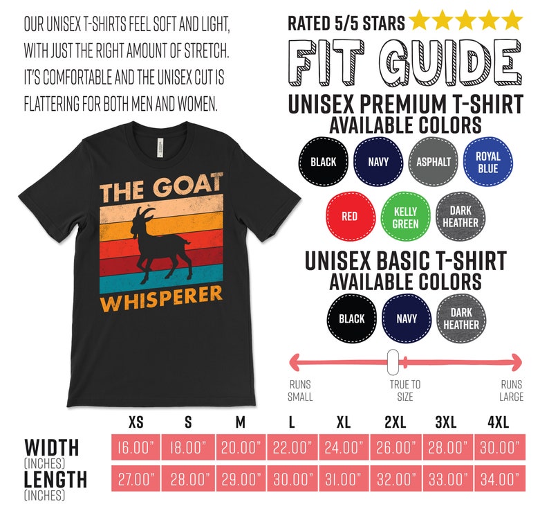 Puede incluir: Camiseta unisex negra con un dise&ntilde;o retro que presenta una silueta de cabra y el texto "THE GOAT WHISPERER". La camiseta tiene un fondo a rayas colorido y est&aacute; disponible en varias tallas, con anchos que van de 40,6 a 76,2 cm.