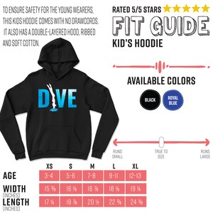May include: Black kids' hoodie with a blue "DIVE" graphic and a size chart. The hoodie is available in black and royal blue. The size chart shows the age, width in inches, and length in inches for each size.