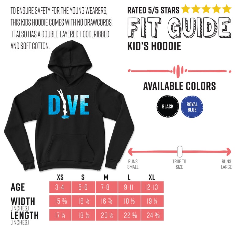 May include: Black kids' hoodie with a blue "DIVE" graphic and a size chart. The hoodie is available in black and royal blue. The size chart shows the age, width in inches, and length in inches for each size.