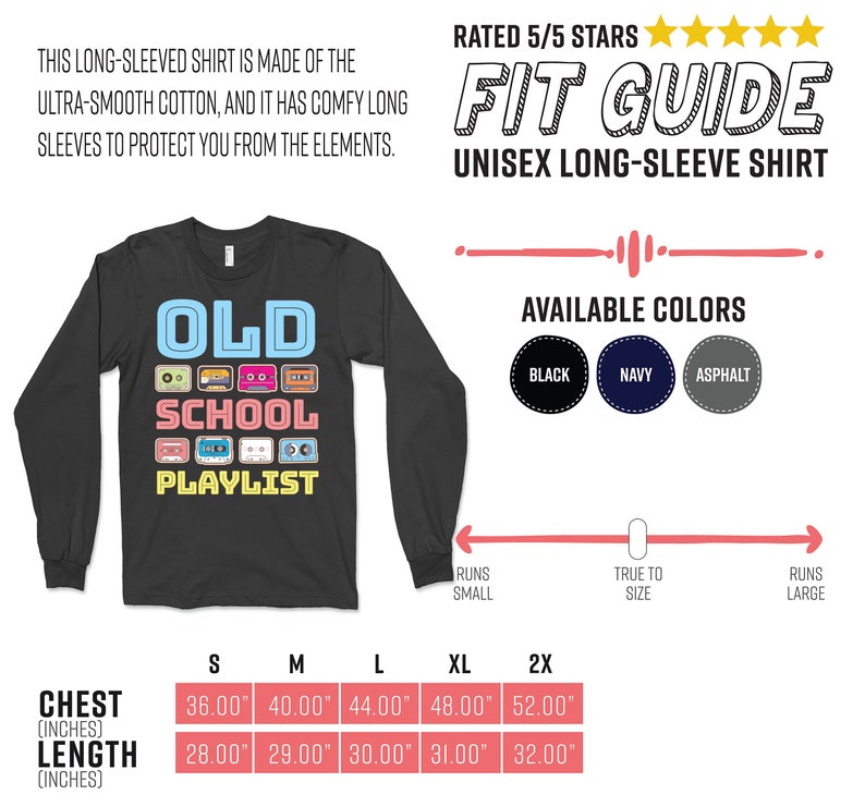 May include: Black unisex long-sleeve shirt with the text "OLD SCHOOL PLAYLIST" and cassette tape graphics. The shirt is available in black, navy, and asphalt. Chest sizes range from 36" to 52", and lengths from 28" to 32".