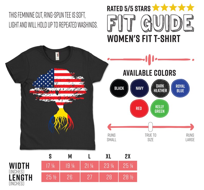 K&ouml;nnte beinhalten: Ein schwarzes T-Shirt mit einem abgenutzten amerikanischen Flaggen-Design und einer rum&auml;nischen Flagge am Fu&szlig; des Baumstamms. Das T-Shirt ist in verschiedenen Farben erh&auml;ltlich, darunter Schwarz, Marineblau, Dunkelgrau meliert, K&ouml;nigsblau, Rot und Kellygr&uuml;n. Die Gr&ouml;&szlig;entabelle zeigt die Breite und L&auml;nge des T-Shirts in Zoll f&uuml;r die Gr&ouml;&szlig;en S, M, L, XL und 2X.