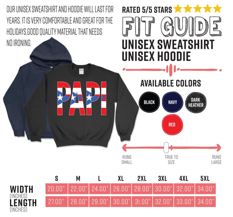 May include: Black unisex sweatshirt with the word "PAPI" in red, white, and blue, with a flag design. A navy blue hoodie is visible on the left. The image includes a size chart and color options.