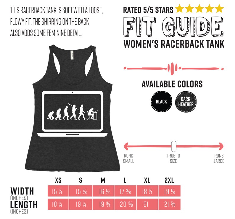 May include: Dark grey racerback tank top featuring a white graphic of the evolution of man on a laptop screen. The tank top has a loose fit. Available in black and dark heather. Sizes XS to 2XL. Widths range from 38.7 to 48.6 cm.
