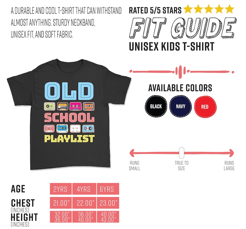 May include: Black unisex kids t-shirt with the text "OLD SCHOOL PLAYLIST" and cassette tape graphics. Available in black, navy, and red. Chest measurements are 21.00" to 23.00" and height measurements are 32.00" to 43.00" depending on the size.