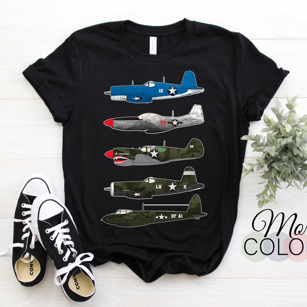 WW2 Warbirds American WW2 planes P51 Mustang, F4U Corsair, B-17 Flying Fortress, P40 Warhawk and P47 Thunderbolt T-Shirt, Old Plane Gifts,