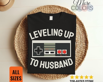 Leveling Up To Husband T Shirt, Gamer Groom Gift, Wedding Fiancé Tee, Funny Gaming Marriage Apparel, Stag Night Party Unisex