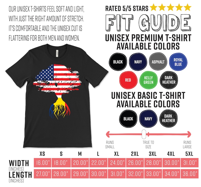 K&ouml;nnte beinhalten: Ein schwarzes T-Shirt mit einem abgenutzten Design eines amerikanischen Flaggenbaums mit rum&auml;nischen Flaggenwurzeln. Das T-Shirt ist in verschiedenen Gr&ouml;&szlig;en von XS bis 5XL erh&auml;ltlich. Die Gr&ouml;&szlig;entabelle zeigt die Breite und L&auml;nge des T-Shirts in Zoll.