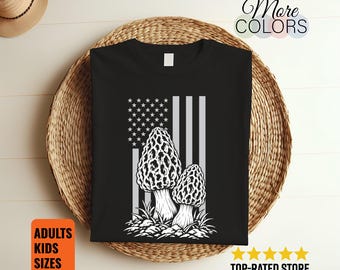 Morel Mushroom American Flag Shirt, Patriotic Fungi Tee, Mycology Lover Gifts, Foraging Graphic, Nature Hunter Outfit, Fourth of July Design