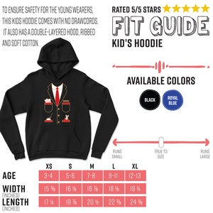 K&ouml;nnte beinhalten: Schwarzer Kinder-Hoodie mit Anzug-Design, mit wei&szlig;em Hemdkragen und roter Krawatte. Der Hoodie hat eine doppellagige Kapuze und ist aus weicher Baumwolle. Erh&auml;ltlich in Schwarz und K&ouml;nigsblau. Gr&ouml;&szlig;en XS bis XL.