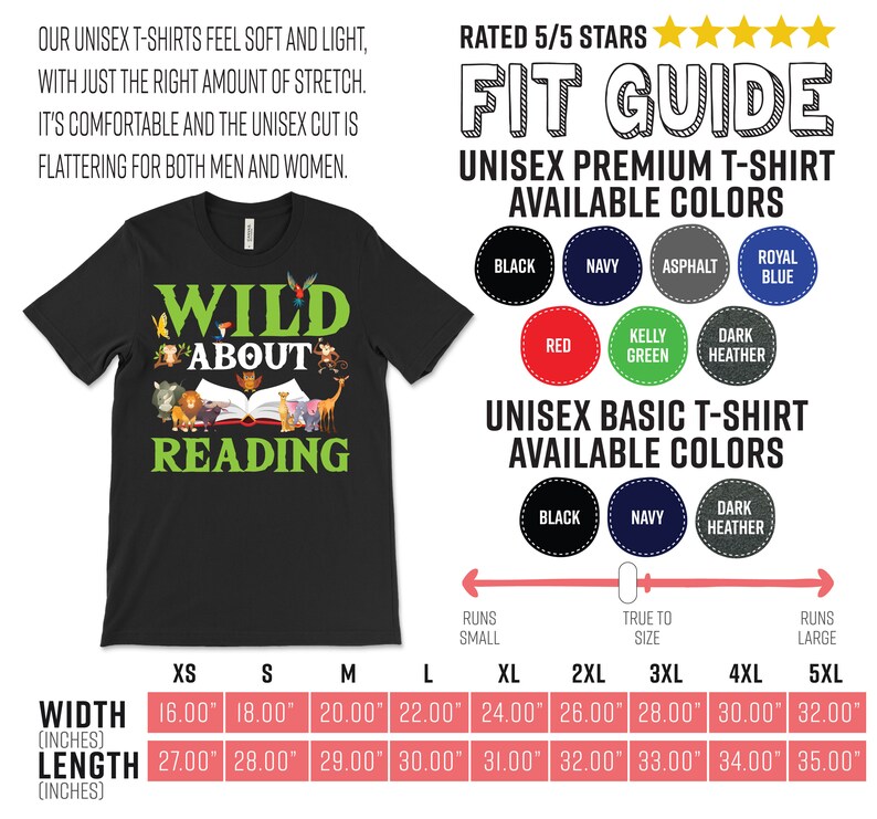 Puede incluir: Camiseta unisex negra con un gr&aacute;fico de animales leyendo un libro y el texto "Wild About Reading". La camiseta est&aacute; disponible en una variedad de tallas, desde XS hasta 5XL. La tabla de tallas muestra el ancho y la longitud de la camiseta en pulgadas.