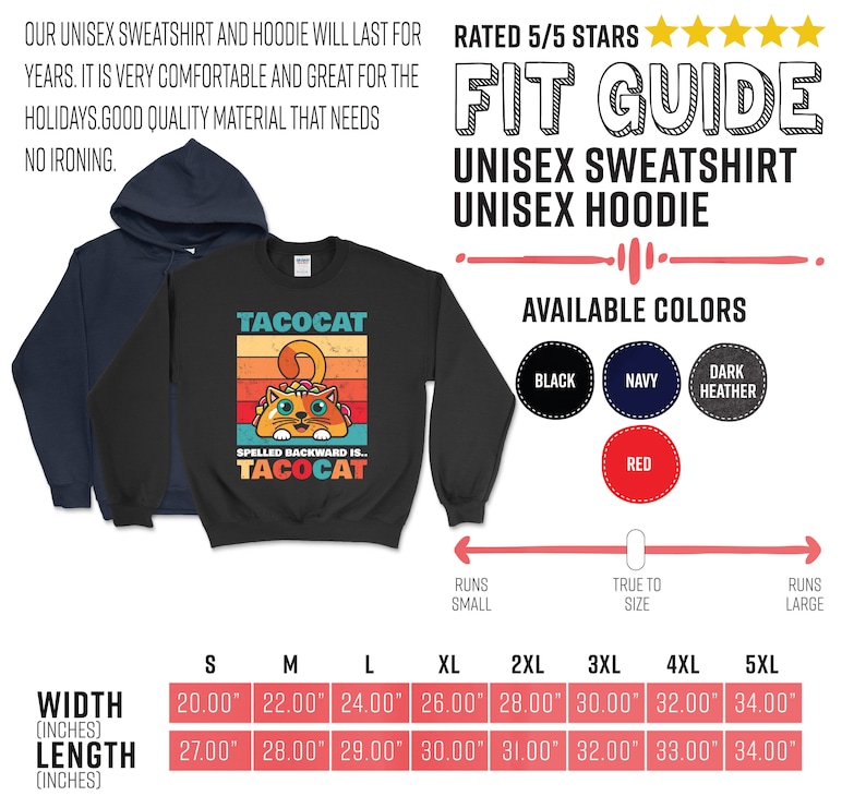 May include: Black unisex sweatshirt with a retro-style graphic of a cat eating a taco. The text "Tacocat" is written above the cat and "Spelled backward is... Tacocat" is written below the cat. The sweatshirt is available in sizes S-5XL and in colors black, navy, dark heather, and red.