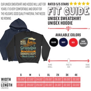 May include: A black unisex sweatshirt with a vintage-style graphic of a model railway train and the text "I'm a Model Railroad Grandpa Just Like a Normal Grandpa Except Much Cooler". The size chart shows measurements in inches for width and length.