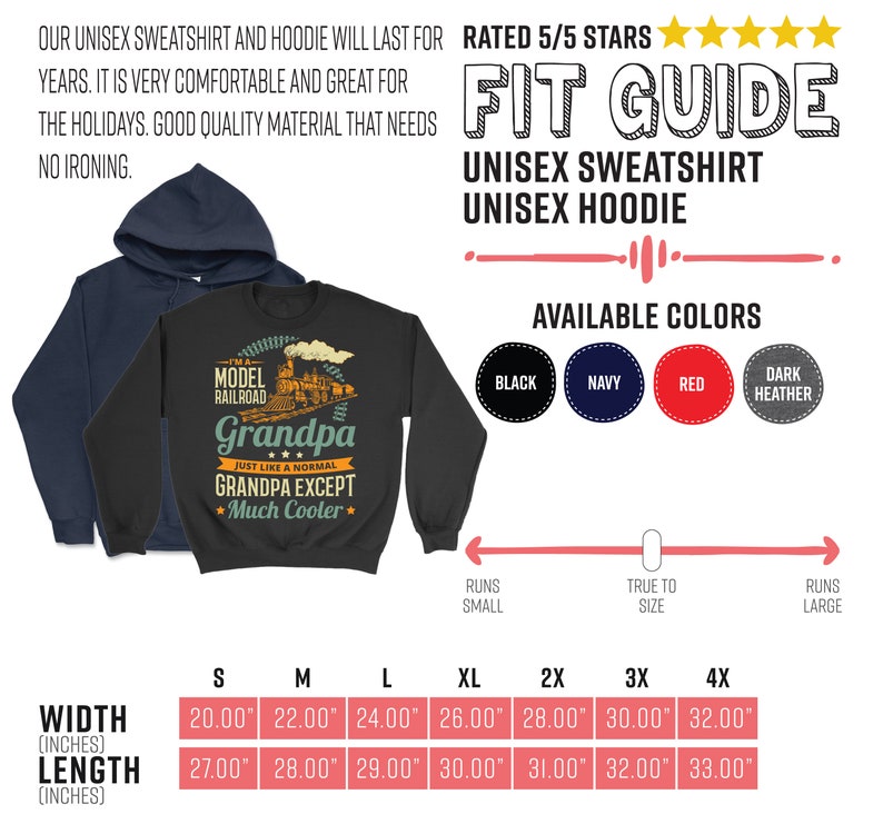 May include: A black unisex sweatshirt with a vintage-style graphic of a model railway train and the text "I'm a Model Railroad Grandpa Just Like a Normal Grandpa Except Much Cooler". The size chart shows measurements in inches for width and length.