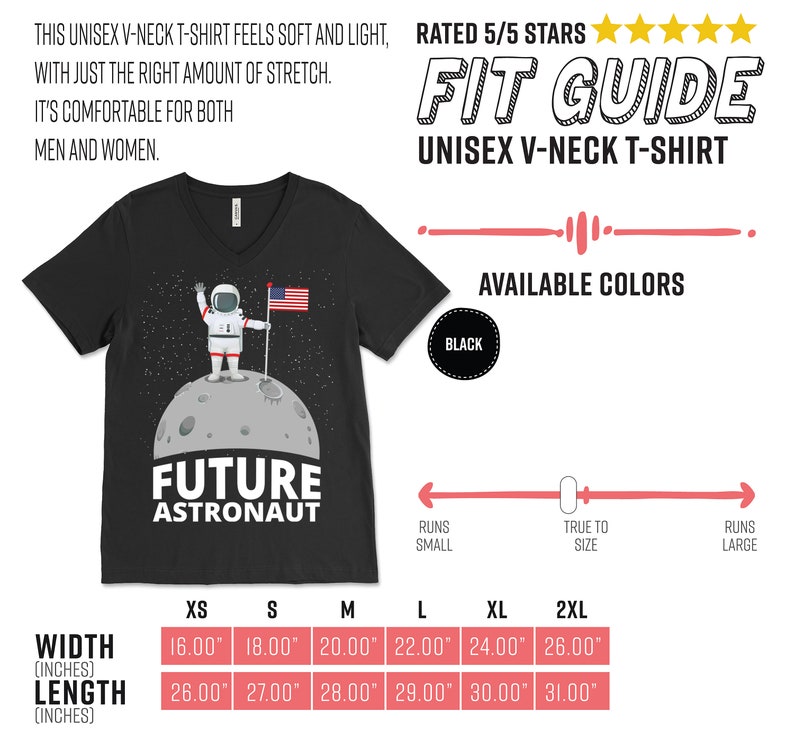 May include: Black unisex V-neck t-shirt with a graphic of an astronaut on the moon holding an American flag. The shirt has the text "FUTURE ASTRONAUT" and is available in black. Width measurements range from 16.00" to 26.00". Length measurements range from 26.00" to 31.00".