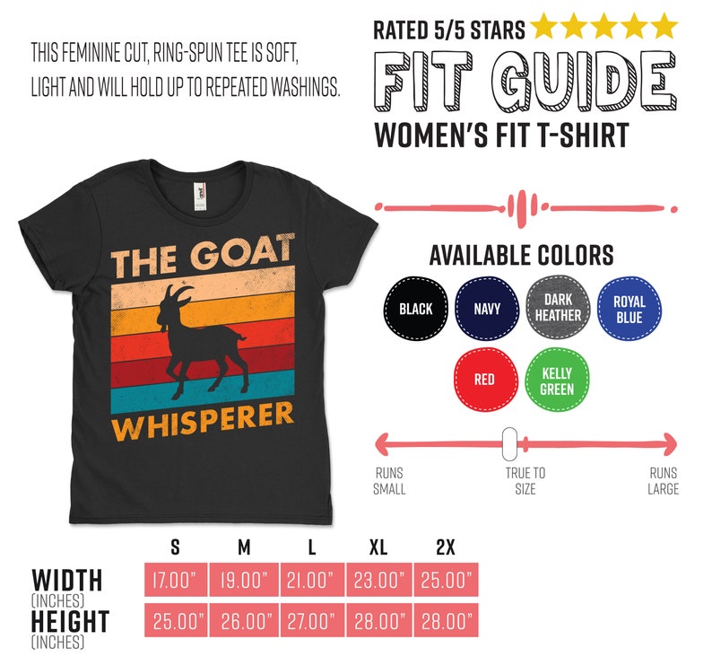 Puede incluir: Camiseta negra de mujer con dise&ntilde;o retro que presenta una silueta de cabra y el texto "THE GOAT WHISPERER". Disponible en varios colores. Anchos de 43,18 cm a 63,5 cm y alturas de 63,5 cm a 71,12 cm.
