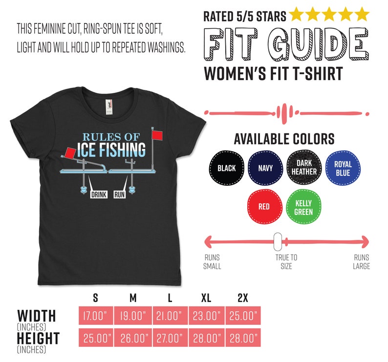 May include: Black t-shirt with a white graphic that says "Rules of Ice Fishing" with a red flag and a cartoon illustration of ice fishing. The t-shirt is available in sizes S, M, L, XL, and 2X. The t-shirt is also available in a variety of colours, including black, navy, dark heather, red, kelly green, and royal blue.