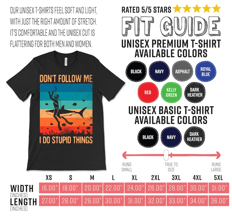 Może przedstawiać: Czarny T-shirt z grafiką w stylu vintage przedstawiającą nurka z rekinem. Tekst na koszulce brzmi "Don't Follow Me I Do Stupid Things". Koszulka jest dostępna w r&oacute;żnych rozmiarach i kolorach.