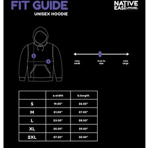 May include: Size chart for a unisex hoodie with measurements in inches. The chart shows the width and length of the hoodie in sizes S, M, L, XL, and 2XL.