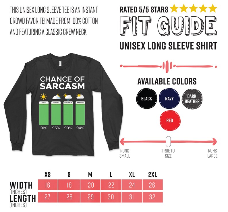 Puede incluir: Una camiseta negra de manga larga con un gr&aacute;fico de un diagrama de barras que muestra la probabilidad de sarcasmo. El gr&aacute;fico muestra porcentajes para hoy, esta noche, ma&ntilde;ana y el fin de semana. La camiseta est&aacute; disponible en tallas XS a 2XL y en colores negro, azul marino, gris oscuro jaspeado y rojo.