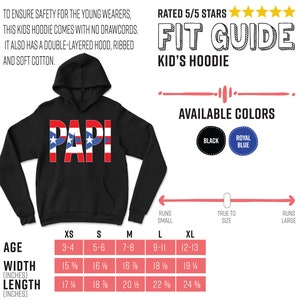 May include: Black kid's hoodie with the word "PAPI" in red, white, and blue lettering. The hoodie has a double-layered hood and is made of soft cotton. Available in black and royal blue. Includes a fit guide and size chart.