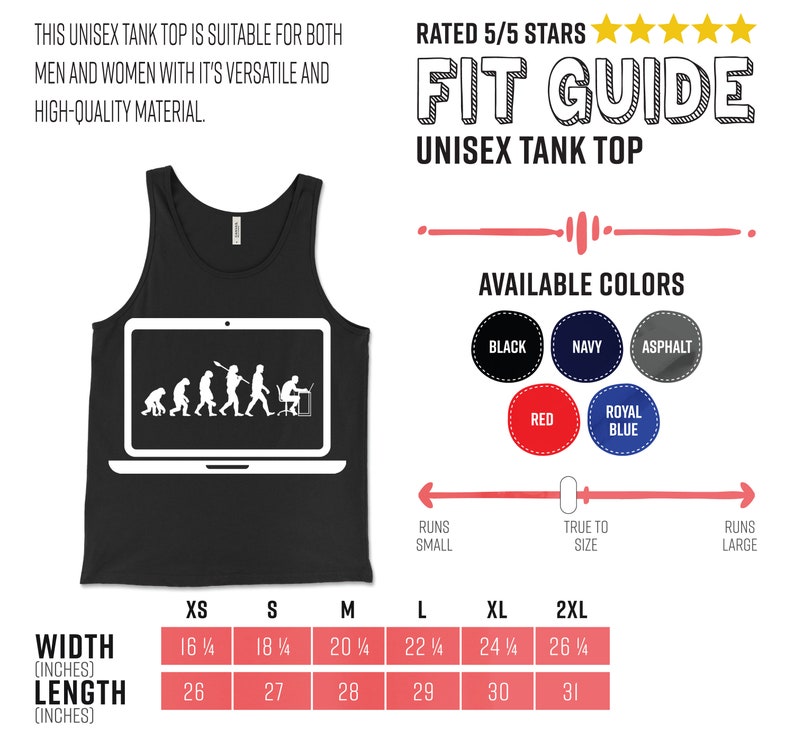 May include: Black unisex tank top with a white graphic of the evolution of man inside a laptop screen. The image includes a fit guide, available colours, and size chart. The tank top is available in sizes XS to 2XL, with widths from 41.3 cm to 66.7 cm.