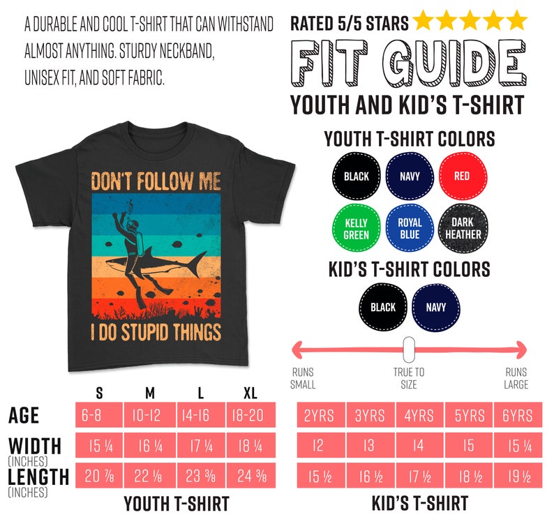 Może przedstawiać: Czarny T-shirt z grafiką w stylu vintage przedstawiającą nurka i rekina. Tekst na koszulce brzmi "Don't Follow Me I Do Stupid Things". Koszulka dostępna jest w rozmiarach S, M, L i XL. Dołączono tabelę rozmiar&oacute;w dla młodzieży i dzieci.
