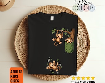 Monkey Trio Faux Pocket Shirt, Cartoon Wildlife Tee, Quirky Primate Graphic, Jungle Birthday Gifts, Zoo Trip Outfit, Playful Tree Branch Art